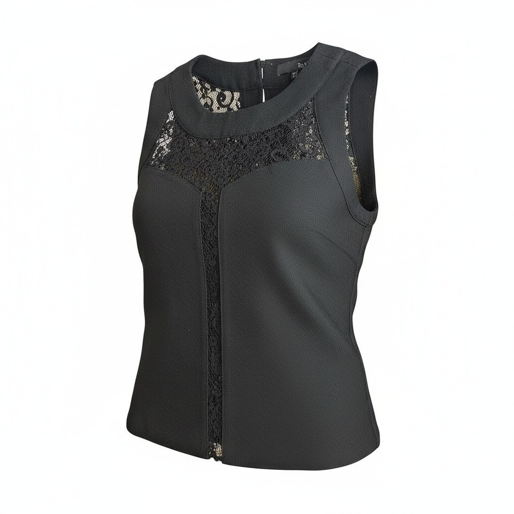 Ro & De Black Sleeveless Top with Floral Lace Illusion Yoke and Center Inset‎